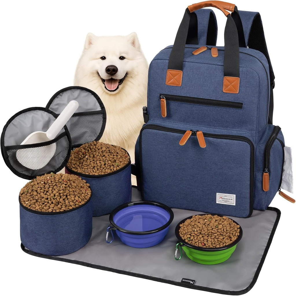 Dog Travel Bag, Airline Approved Backpack for Pet Accessories Organizer, Tote Weekend Bag with 2 Food Storage Containers, 2 Collapsible Dog Bowls, 1 Pet Mat, Blue