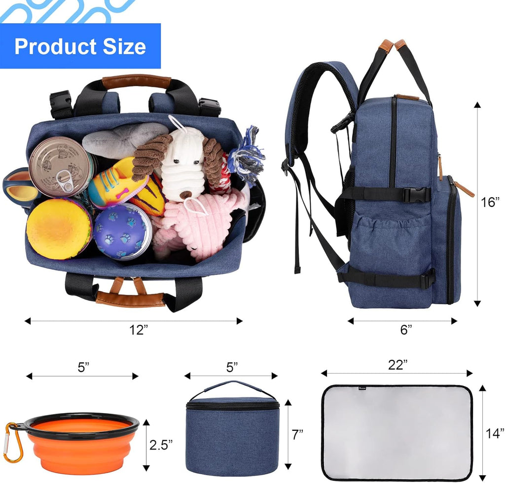 Dog Travel Bag, Airline Approved Backpack for Pet Accessories Organizer, Tote Weekend Bag with 2 Food Storage Containers, 2 Collapsible Dog Bowls, 1 Pet Mat, Blue
